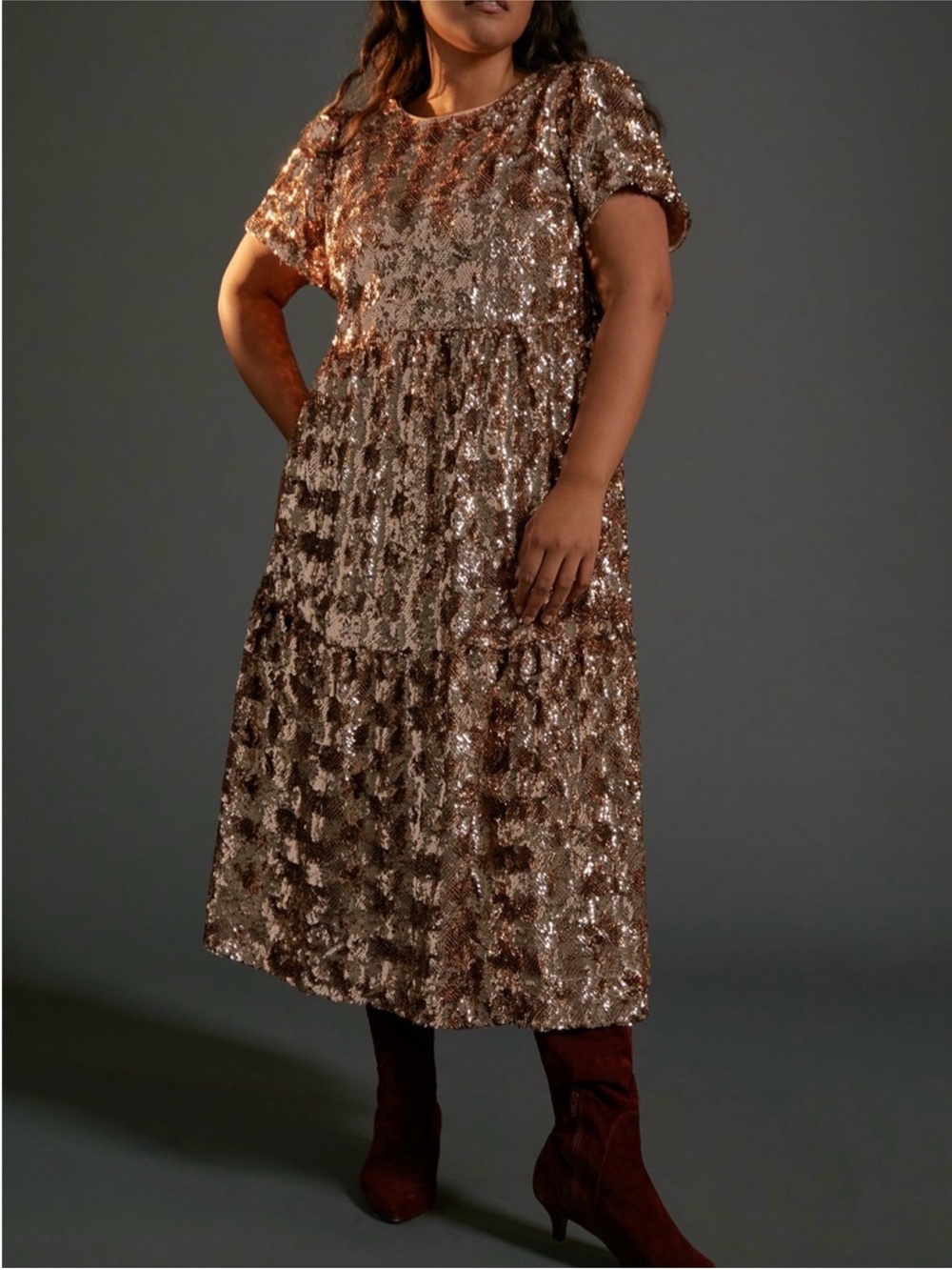 Anthropologie Maeve Bernadette Rose Gold Sequin Tiered Midi Dress Size XL Petite